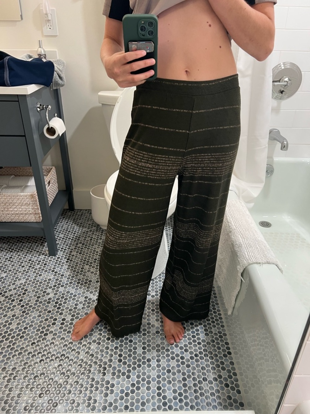 Zara Olive Knit Pants with Metallic Stripe Detail